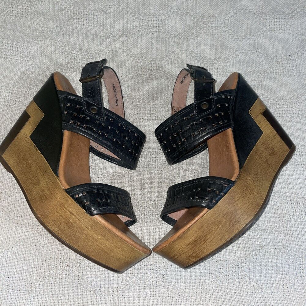 Musse & Cloud Women’s Wedge Sandals Size 39 U.S. 8 M Black Leather Beach Cruise